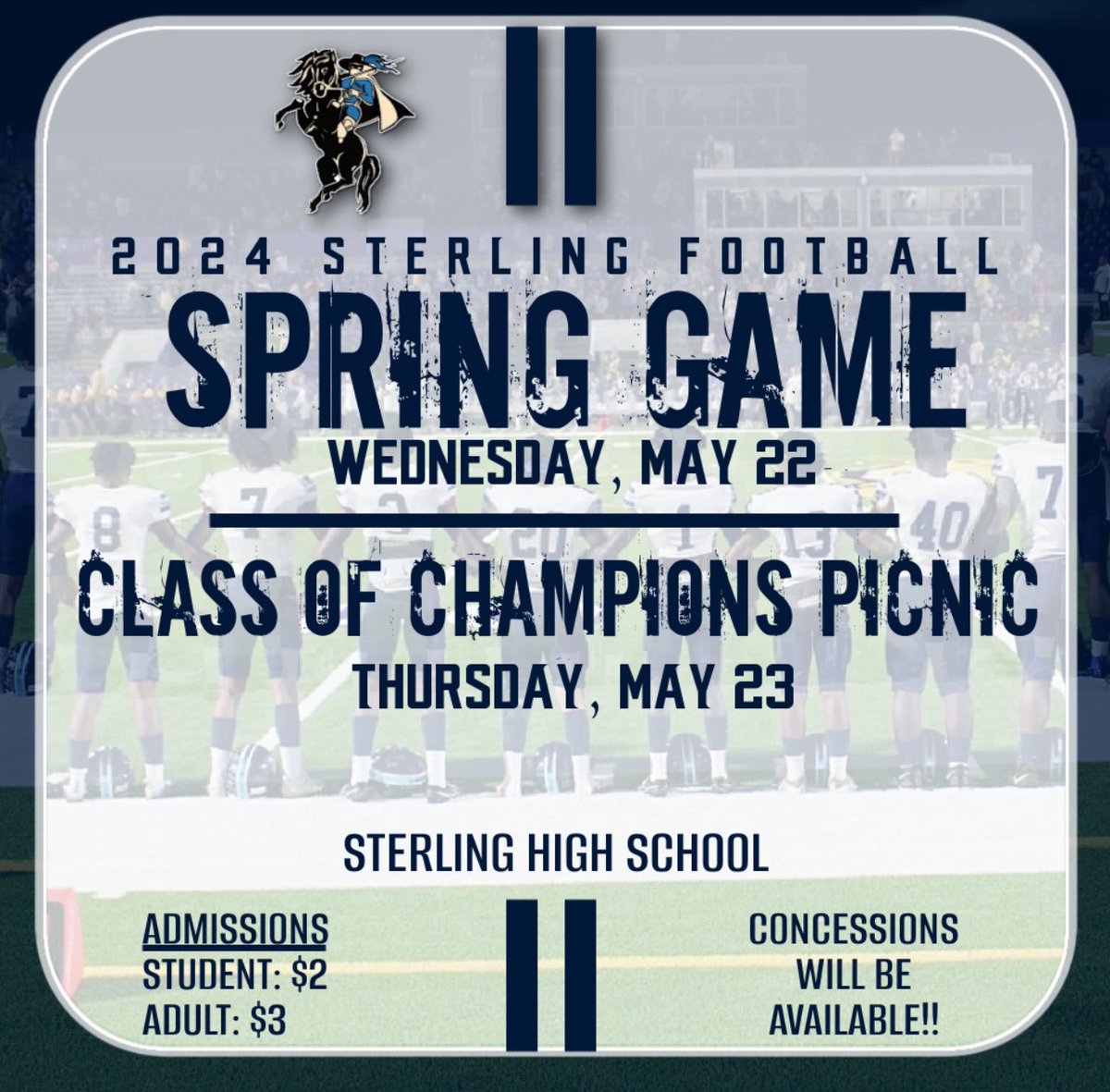 🏈 🔷Spring game 🗓️ May 22 🕰️ 5:00 P.M. 📍 🏫 Sterling Aviation High School 🏈 ⬜️Class of Champions Picnic 🗓️May 23 🕰️ 5:00 P.M. 📍 🏫 Sterling Aviation High School