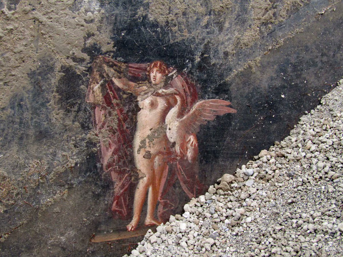 Archeologen hebben bij #opgravingen in #Pompeii, #fresco's ontdekt met taferelen die te maken hebben met de #Trojaanse oorlog. Ze vonden ze in de 'zwarte kamer', een feestzaal met zwart geverfde muren om de aanslag van olielampen minder te laten opvallen. vrt.be/vrtnws/nl/2024…