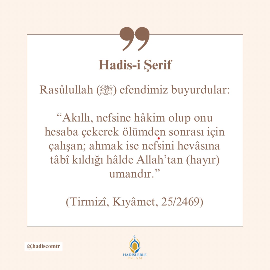 Rasûlullah (ﷺ) efendimiz buyurdular: “Akıllı, nefsine hâkim olup onu hesaba çekerek ölümden sonrası için çalışan; ahmak ise nefsini hevâsına tâbî kıldığı hâlde Allah’tan (hayır) umandır.” (Tirmizî, Kıyâmet, 25/2469)