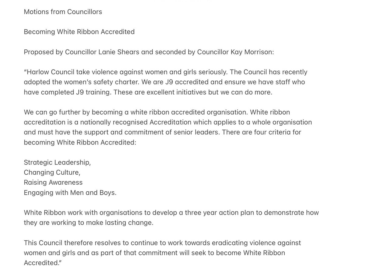 🗣️ Motions for debate Councillors are now debating a motion on the council becoming White Ribbon accredited as part of its work towards stopping violence against women and girls The motion can be read at moderngov.harlow.gov.uk/ieListDocument… and below ⬇️