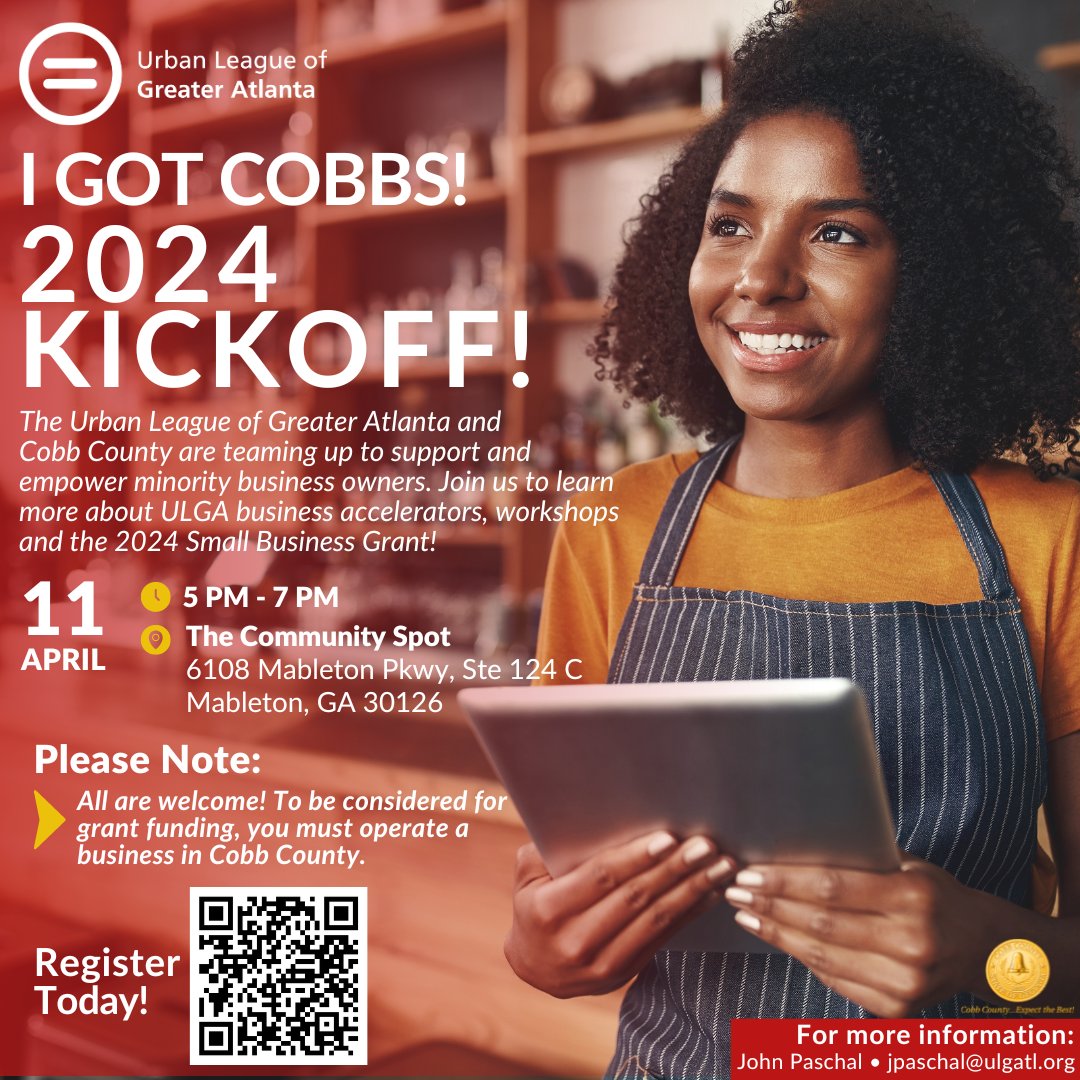 #CobbCounty biz owners, join us today at 5 pm at the Community Spot in Mableton for the I Got Cobbs kick-off event! Join us to learn more about the 2024 small business grant & how our Entrepreneurship Center can support your business goals. Register: lp.constantcontactpages.com/ev/reg/dym25ju.