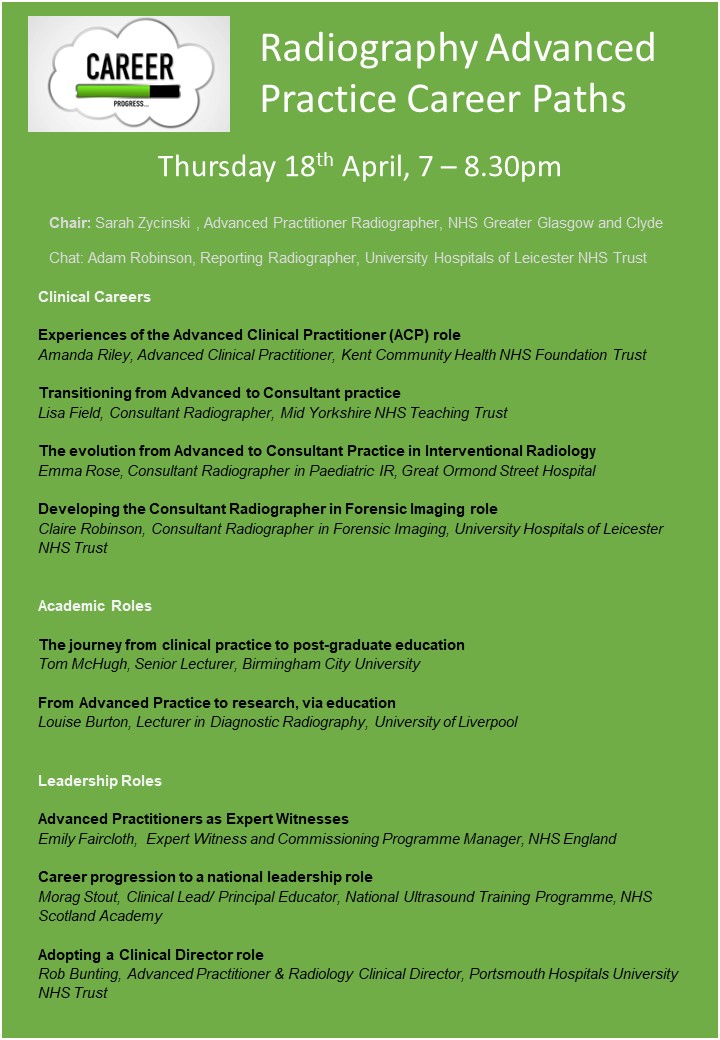 Reminder!
Radiography Advancing Practice webinar next Thursday (18th April, 7 - 8.30pm) - Radiography Advancing Practice Career Paths.
To receive a link for the session please sign up to our mailing list mailchi.mp/.../advanced-p…
