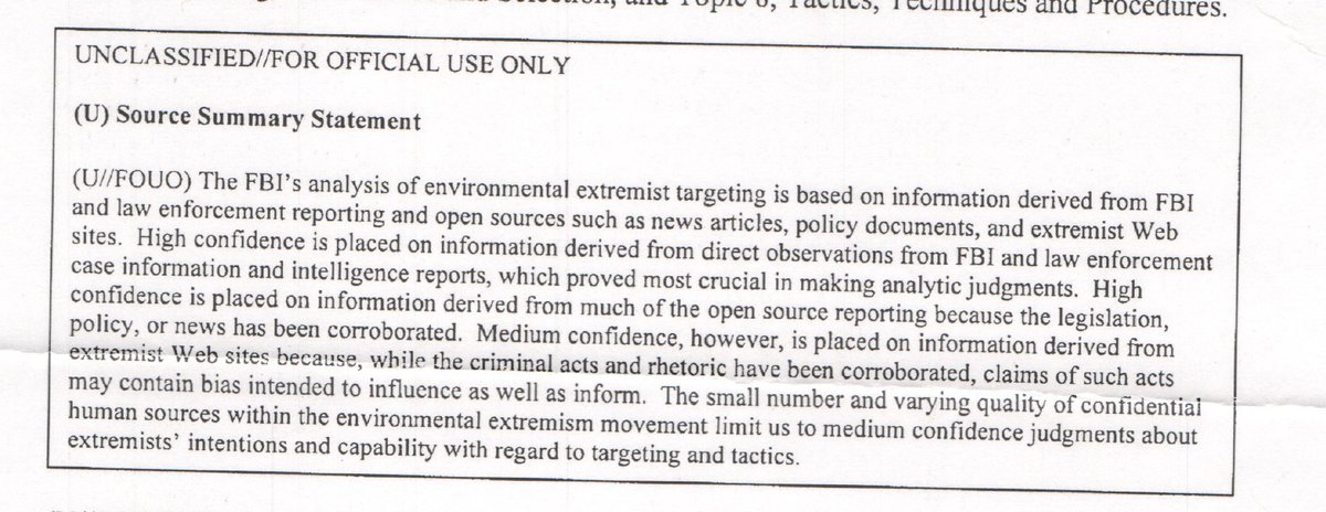 The FBI acknowledging in 2010 that it had only a small number of confidential human sources within the 'environmental extremism movement.'