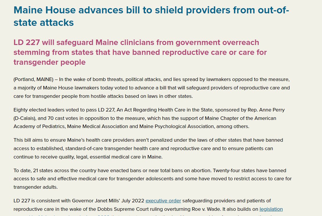 Incredible news! Maine's House has passed LD227, a bill that will make Maine a transgender sanctuary state as well as a sanctuary state for abortion patients and providers. This is despite bomb threats after far right activists like LOTT and Riley Gaines targeted legislators.