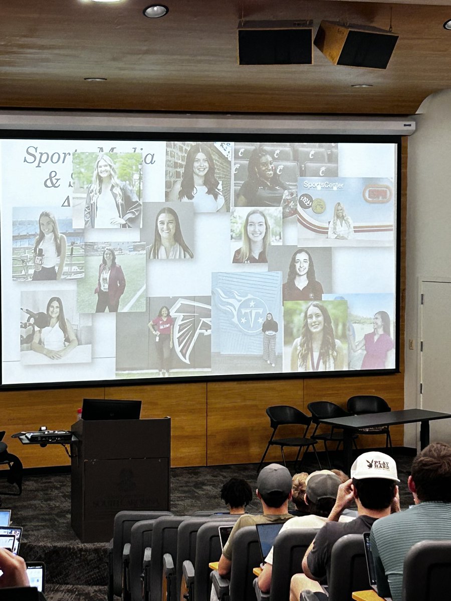 Ash_Jackson_SID's tweet photo. I remember being in Sports Media &amp; Society in 2019 and seeing a slide of women working in sports that took this class. 

Now, @ChaseBerley @paigedavoren and I are on the slide for this year’s class - talk about a full circle moment! 

Thanks for including us @drkevhull! https://t.co/MqfH6yhUUa