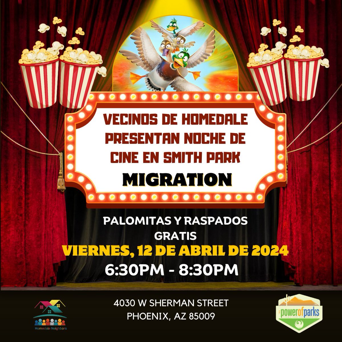 ¡Acompáñanos para una noche de cine en Smith Park mañana! Ven a disfrutar de la película MIGRATION. Palomitas y raspados gratis. 🍿🍧🎬🎉 📍 Smith Park, 4030 W. Sherman St. ⏰ Viernes 12 de abril, 6:30PM - 8:30PM @PhoenixParks #phxparks #phxplays