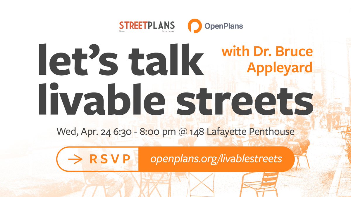 For decades, the name Appleyard has been synonymous with the research that powers the movement for urban quality of life. Join @StreetPlans & @OpenPlans on 4/24 from 6:30 to 8 PM as he shares insights from his book Livable Streets 2.0. RSVP at openplans.org/livablestreets
