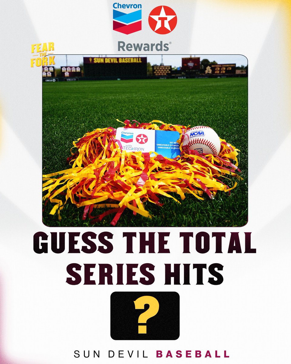 Sun Devil Fans, you have a chance to win a Chevron gift card! Simply guess the total ASU hits against Utah. Entries close at 6:30 PM on Friday. T&C applies, winner announced on Monday. All rights reserved. CHEVRON and the respective Logos and REWARDS Lockups are registered…