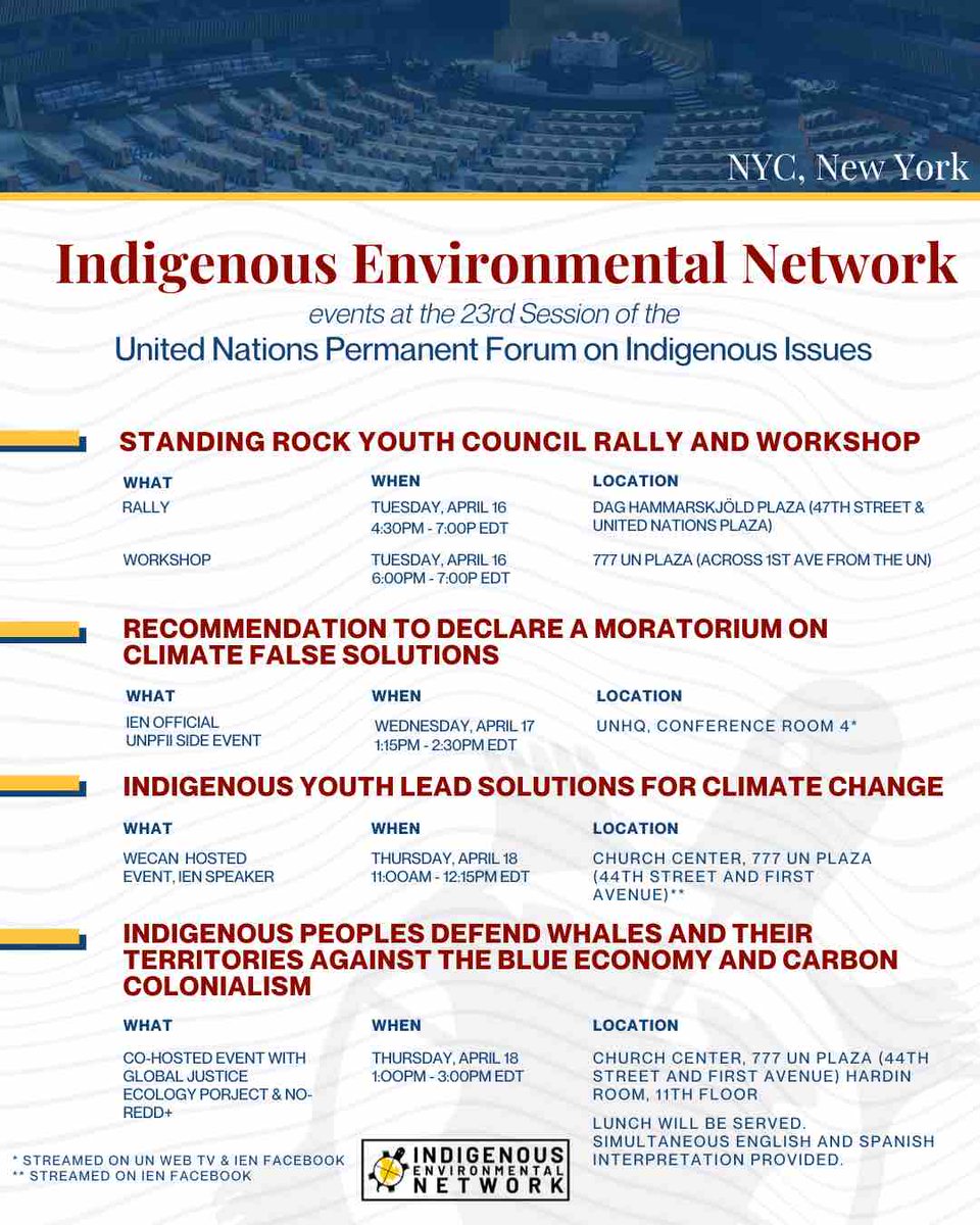 Indigenous Environmental Network (@ienearth) on Twitter photo 👋Check out our #UNPFII events in NYC!
🌇 NYC: We will be co-hosting a rally and workshop, led by Standing Rock youth outside the UN & another event opposing carbon colonialism!
📍UNHQ: Attend our official side event calling for a MORATORIUM on false solutions! 👋Check out our #UNPFII events in NYC!
🌇 NYC: We will be co-hosting a rally and workshop, led by Standing Rock youth outside the UN & another event opposing carbon colonialism!
📍UNHQ: Attend our official side event calling for a MORATORIUM on false solutions!