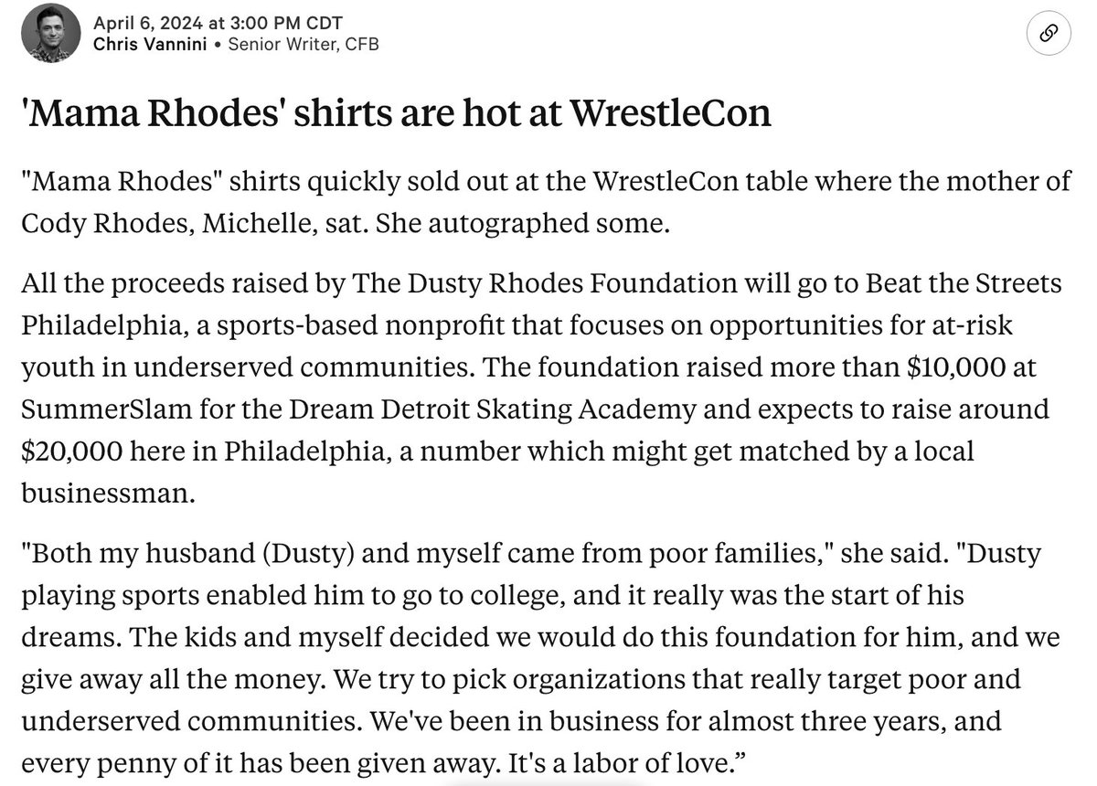 The Dusty Rhodes Foundation raised $22,000 for Beat The Streets Philadelphia over the weekend, and it's been matched for $44k. The foundation, run by the Runnels family, donates all money its raises to groups that serve poor communities through sports. dustyrhodesfoundation.org