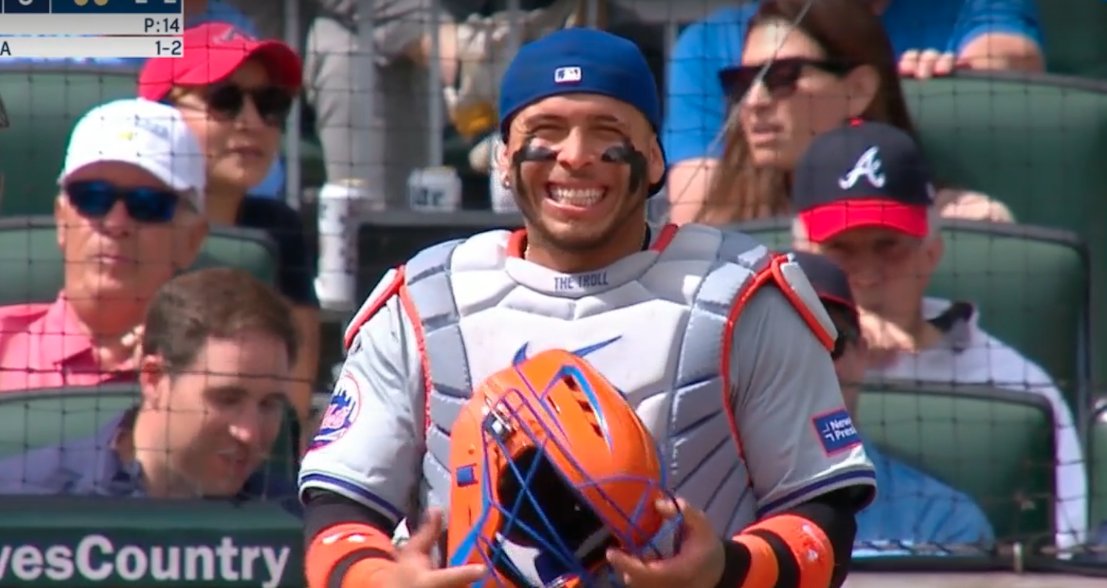 Francisco Alvarez's chest protector has, 'The Troll' printed on the neck guard. #Mets