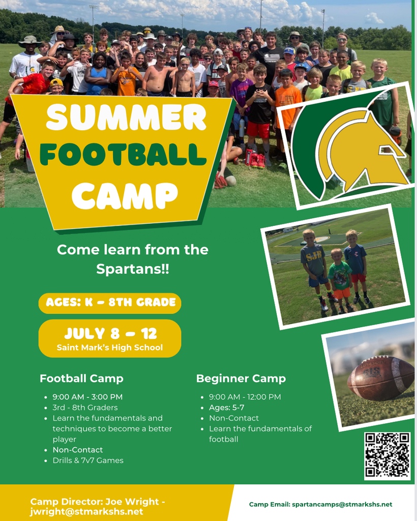 🏈 Ready to tackle summer with Saint Mark’s High School Youth Football Camp? Join us for an unforgettable experience on the field! Scan the QR code now to sign up for skills, drills, and fun! Limited spots available. #saintmarkshs #spartanstrong #allthingspossible
