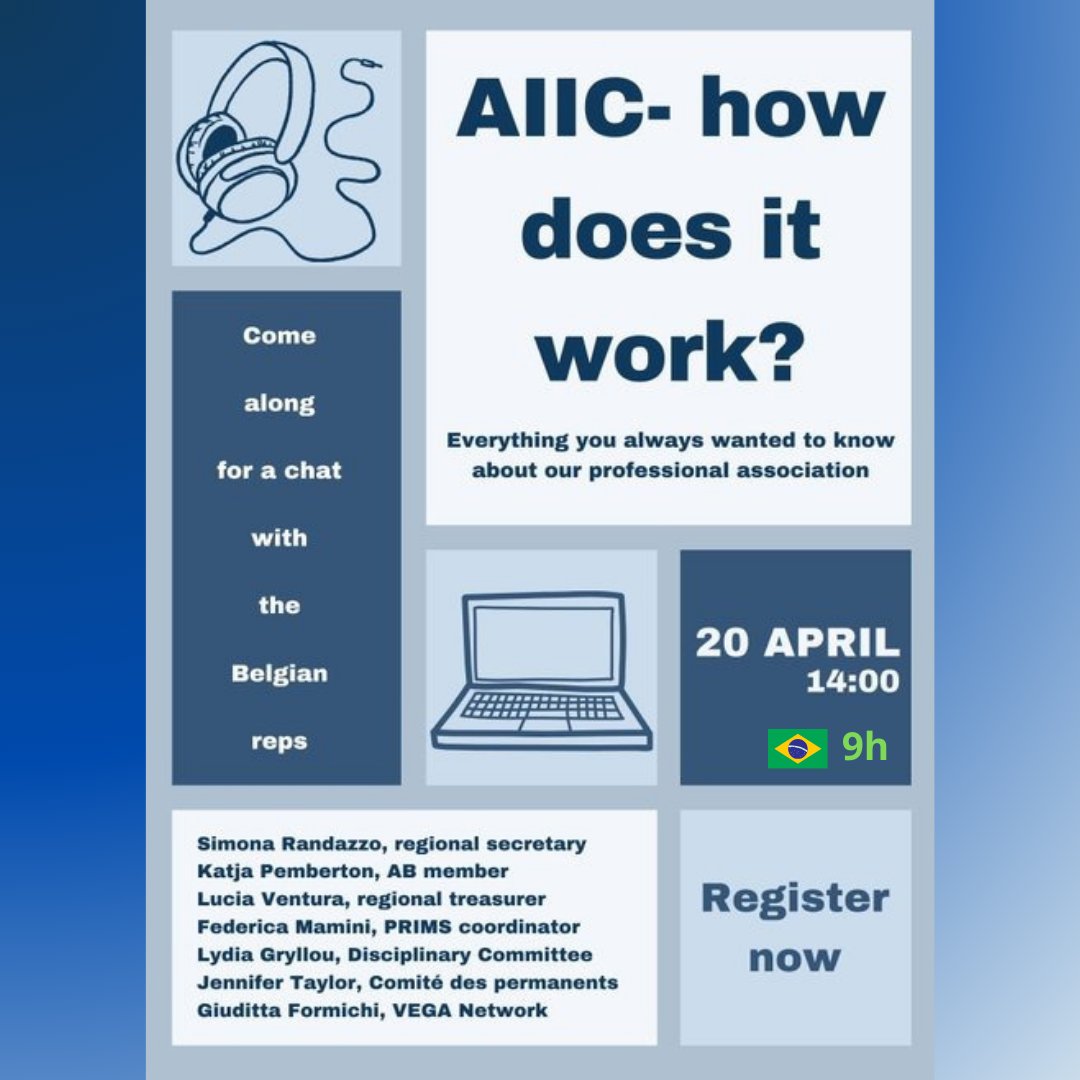 Junte-se à região AIIC Bélgica para saber mais sobre como a AIIC funciona: tinyurl.com/howaiicworksbel Quer se juntar a nós? Envie sua candidatura até 30/4 para uma triagem da CACL, ou até dia 31/5 (prazo final). Visite aiic.org para + info #xl8 #1nt #joinaiic #whyaiic