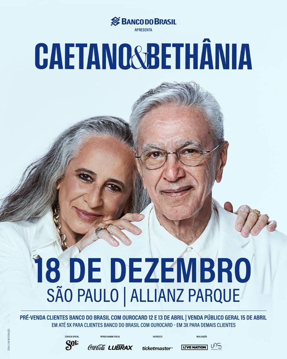 ALÔ, TURMA! NOTÍCIA INCRÍVEL!

Aqui está a nova data da # CaetanoEBethâniaTour ❤️

18 de dezembro – São Paulo – Allianz Parque

Fiquem ligados, pois é a última oportunidade de garantir ingressos para a turnê. A pré-venda clientes Banco do Brasil Ourocard acontece nos dias 12/04