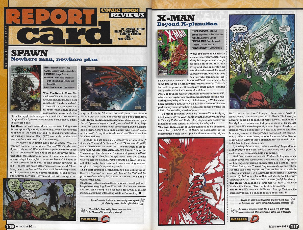 As discussed during our recent mini-episode, Wizard was not impressed by the lack of progression in #Spawn after nearly 7 years of publication, while X-Man was given a grade of 'D' for Disappointment. How did you feel about the quality of these titles by 1999?