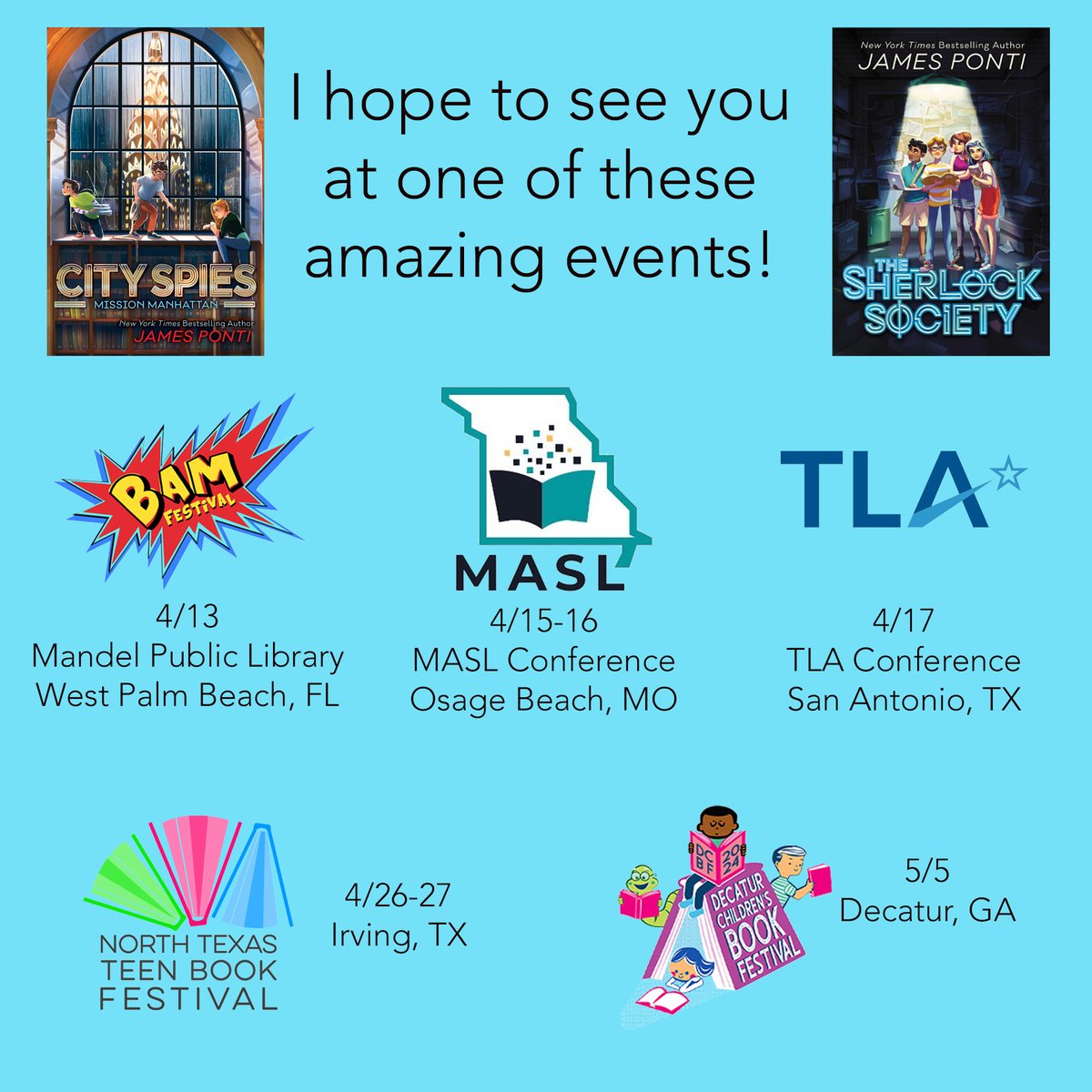 James Ponti (@jamesponti) on Twitter photo I am hitting the road and would love to see you in person. In the next month, I'll be at three book festivals and two library conferences. All of the events are going to be great, but they'd be even better if you were there! <a href="/TXLA/">Texas Library Assn.</a> <a href="/MASLOnline/">MO School Librarians</a> <a href="/NTTBFest/">North Texas Teen Book Festival</a> <a href="/booksartmusicfl/">BAM! Festival</a> I am hitting the road and would love to see you in person. In the next month, I'll be at three book festivals and two library conferences. All of the events are going to be great, but they'd be even better if you were there! <a href="/TXLA/">Texas Library Assn.</a> <a href="/MASLOnline/">MO School Librarians</a> <a href="/NTTBFest/">North Texas Teen Book Festival</a> <a href="/booksartmusicfl/">BAM! Festival</a>