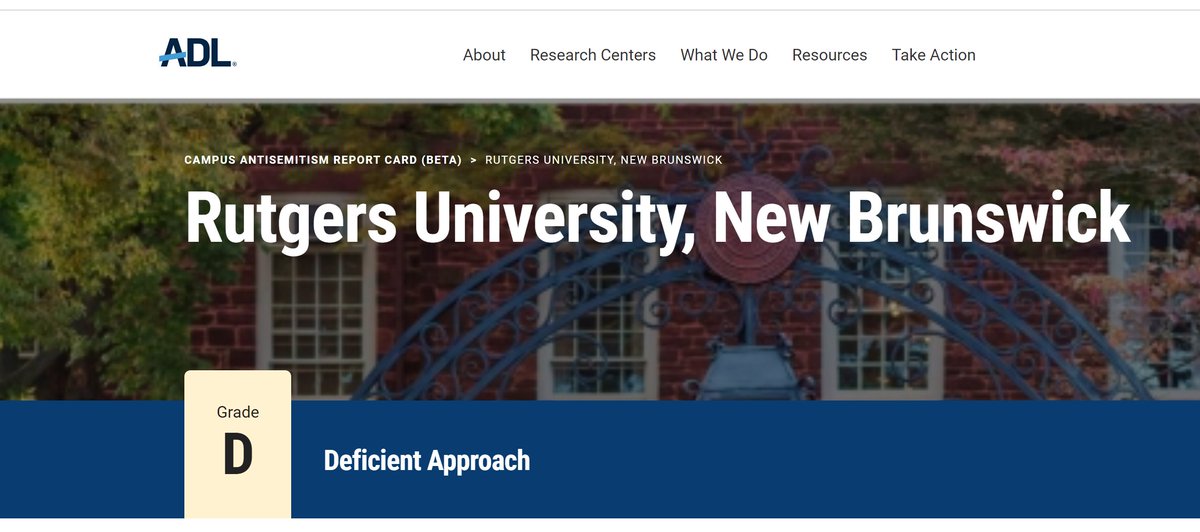 The @ADL gave @RutgersU a 'D' for antisemitism. That's what I call grade inflation. I can't tell if they were looking only at the New Brunswick campus or if they report Rutgers as one entity. The antisemitism at the @Rutgers_Newark campus is dreadful. adl.org/campus-antisem…