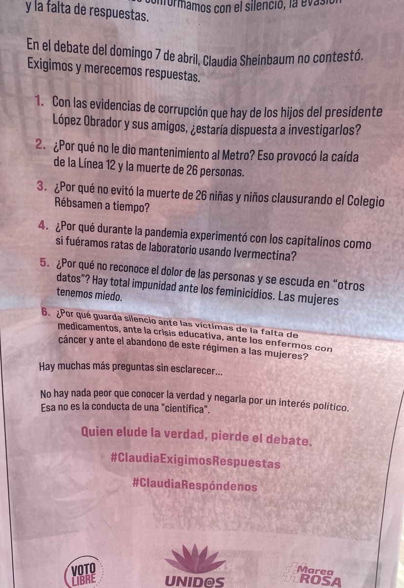 “La ciudadanía exige respuestas'. El contenido pareciera ser una respuesta al debate del domingo 7 de abril, en el que la candidata de Morena, no contestó las preguntas que le hiciera Xóchitl. Claudia no contestaba sobre la corrupción de los hijos del Presidente.