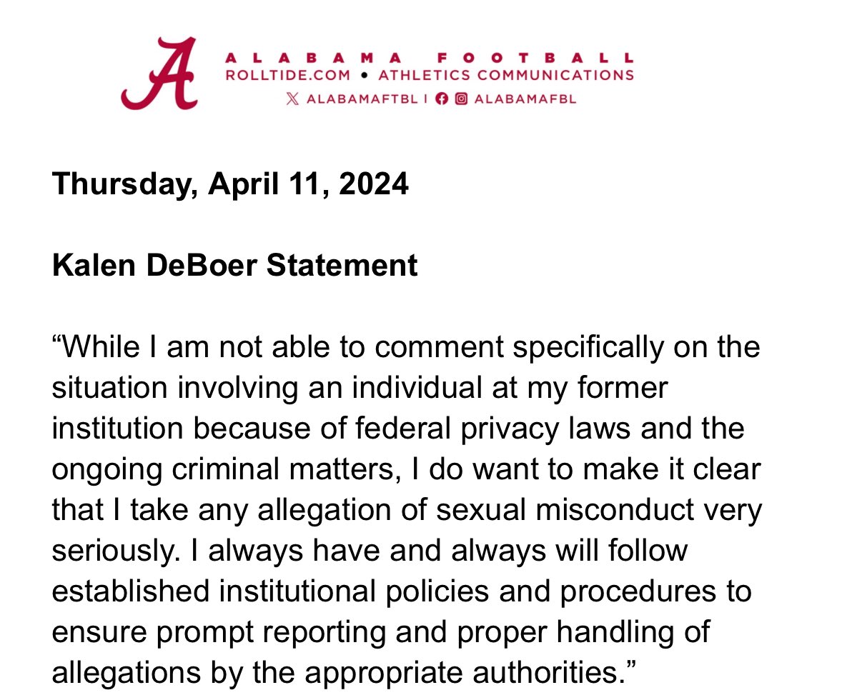 Statement from Kalen DeBoer: