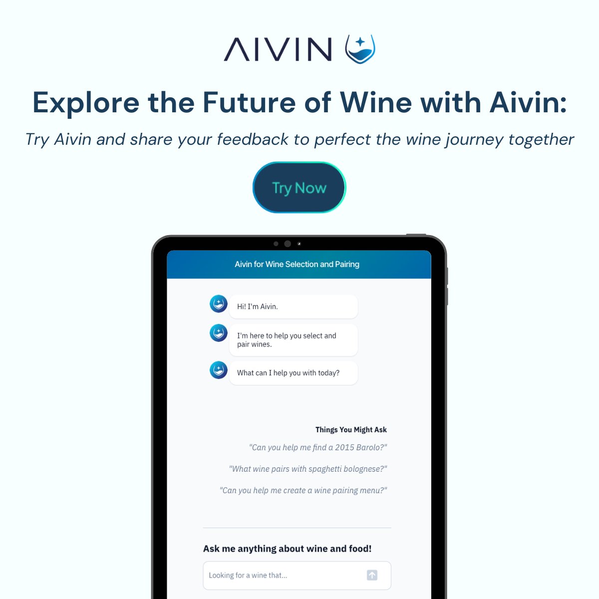 Aivin's evolving, and we want you on our journey! Try our demo and share your feedback: hubs.ly/Q02s8lF10.  Your feedback will help us tailor the ultimate wine-pairing adventure for you. 🌟 

#MakeYourMark #AivinFeedback #WineTech