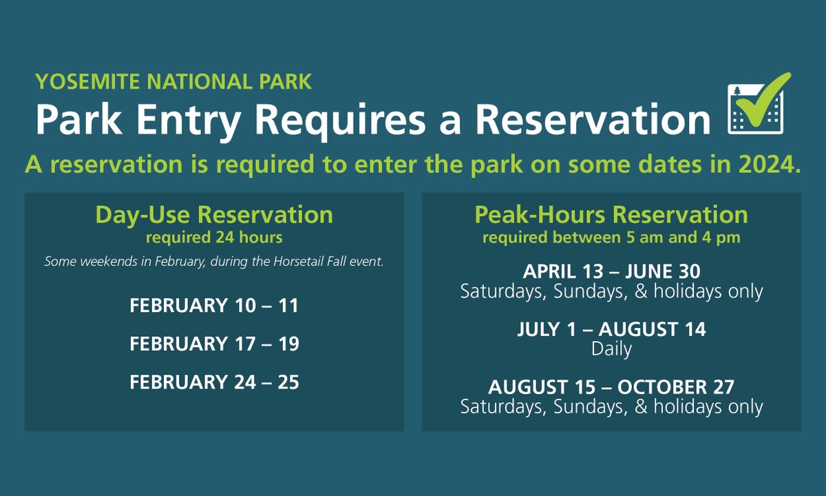 Beginning April 13th, a reservation will be required to drive into or through Yosemite National Park on some days. If you plan to take a class or workshop with us, your receipt serves as a reservation! See our website for more information or visit: go.nps.gov/reserve.