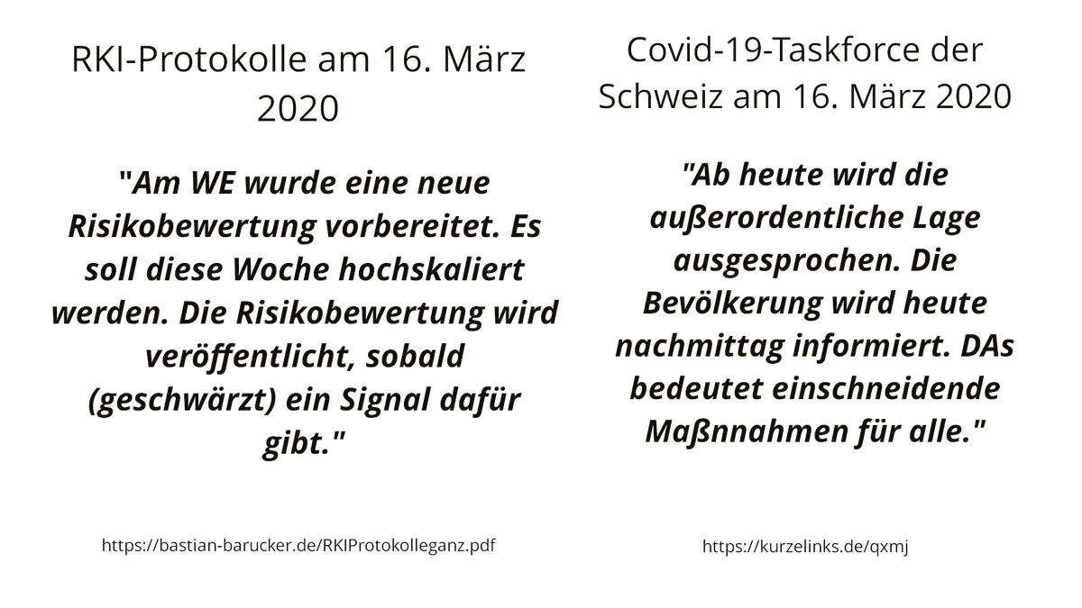 Bis heute ist ungeklärt, warum um den 16. März 2020 die Risikoeinschätzung für Corona durch das RKI 'hochskaliert' wurde. Ein Blick auf die Protokolle der Covid-Taskforce in der Schweiz zeigt zumindest eine gewisse Synchronizität. Quellen👇 RKI-Protokolle (Seite 364):…