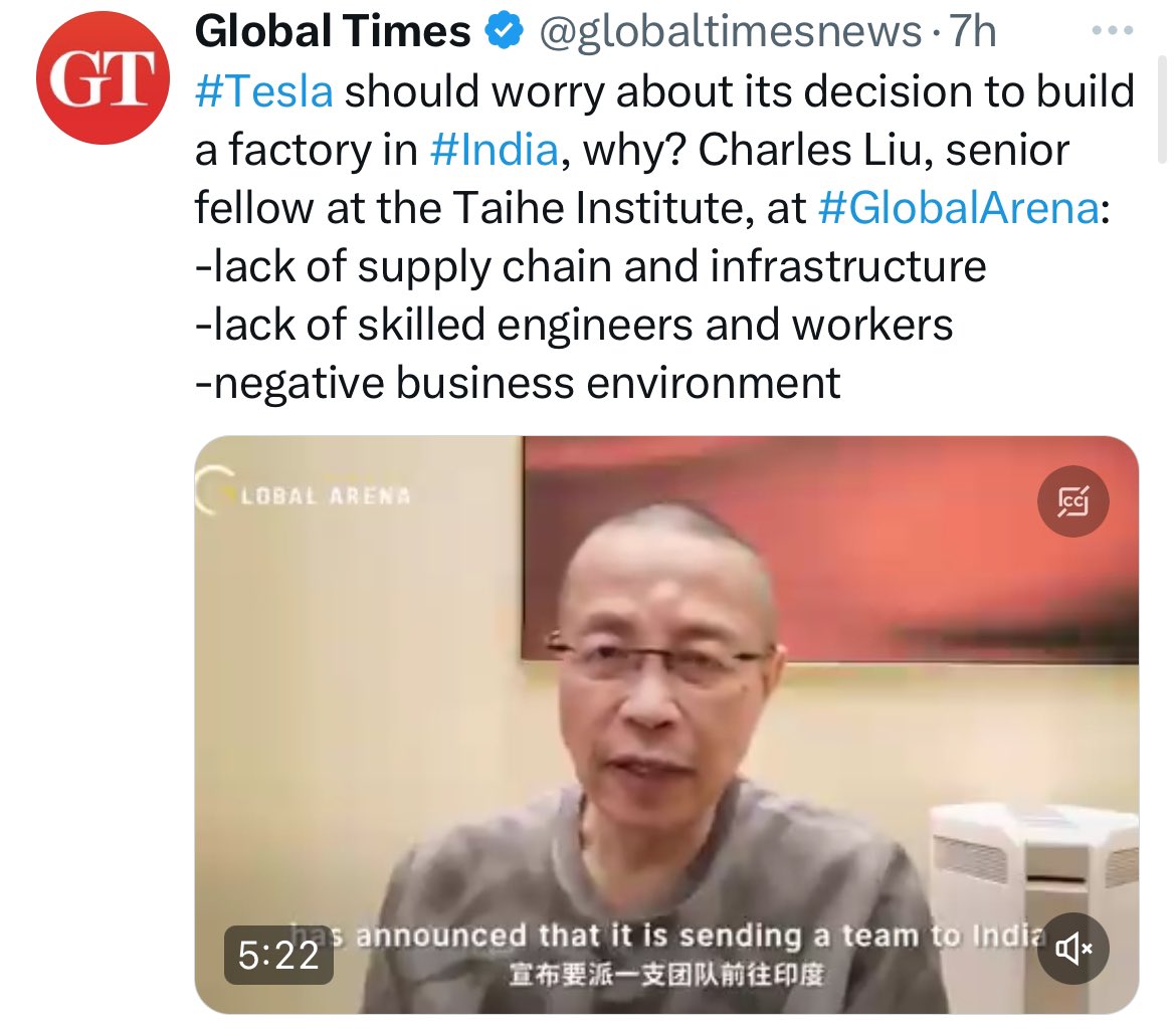 China is crying because Tesla is coming to India. Mouth piece of China @globaltimesnews must inform its masters: They have underestimated India. Jai ho 🙏