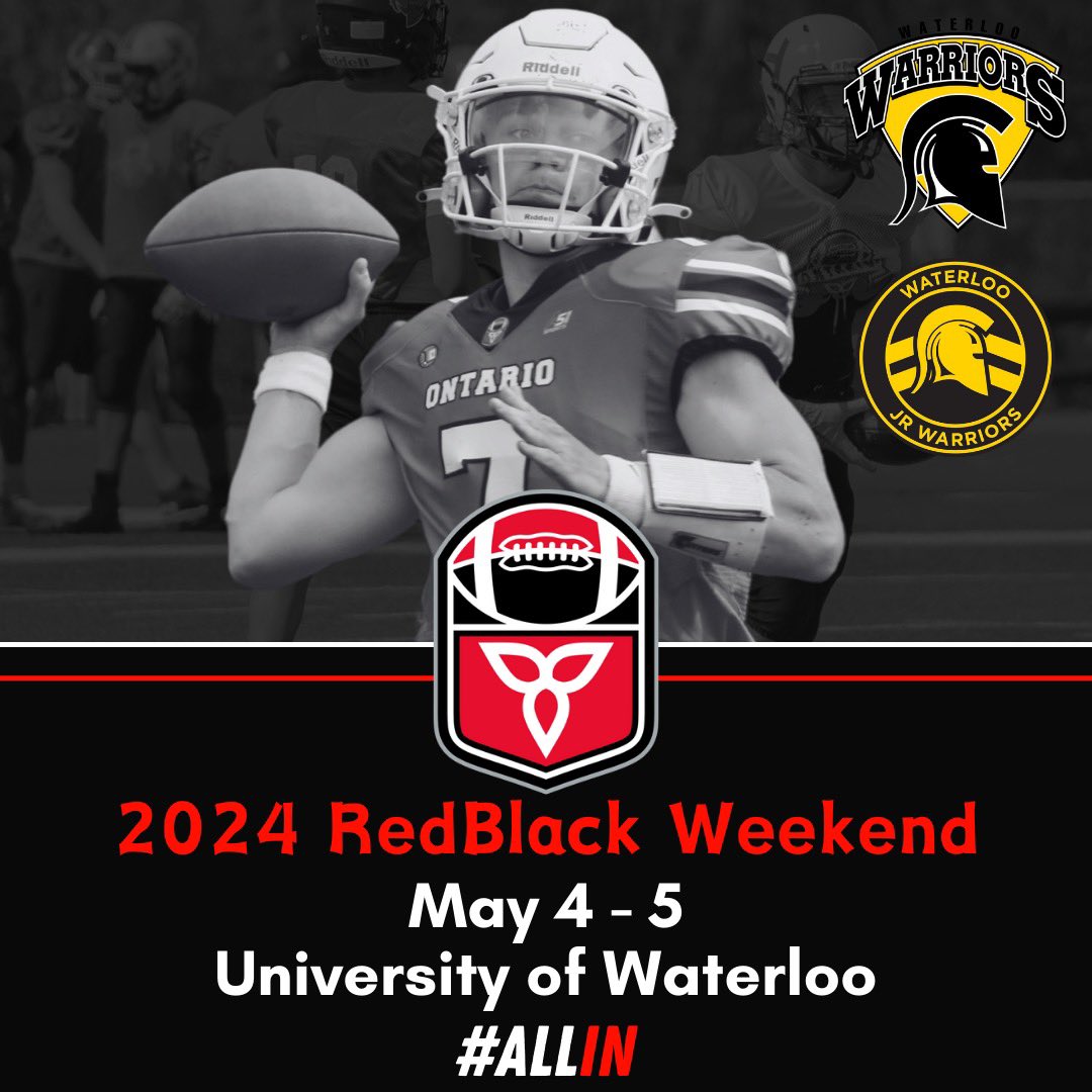 We are thrilled to announce that RedBlack Weekend will take place the weekend of May 4/5 and will be held at the University of Waterloo! The event will be hosted by the Waterloo Warriors and Waterloo Jr Warriors. Tickets are on sale now! More: footballontario.net/2024/04/11/foo… #ALLIN