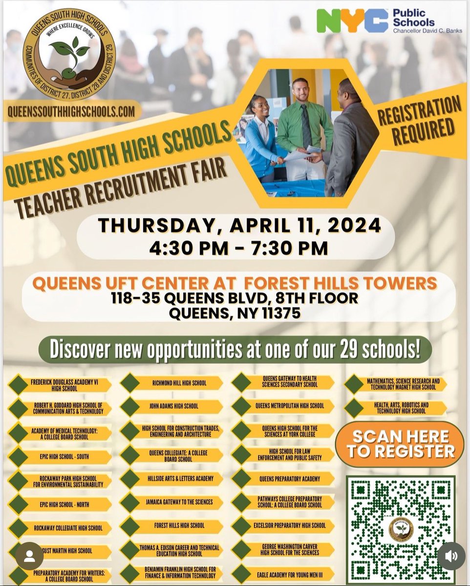 Happening Today! Our first Queens South High Schools hiring and recruitment fair. Because we want the best of the best for our districts! We are ready to meet our future QSHS’ educators.