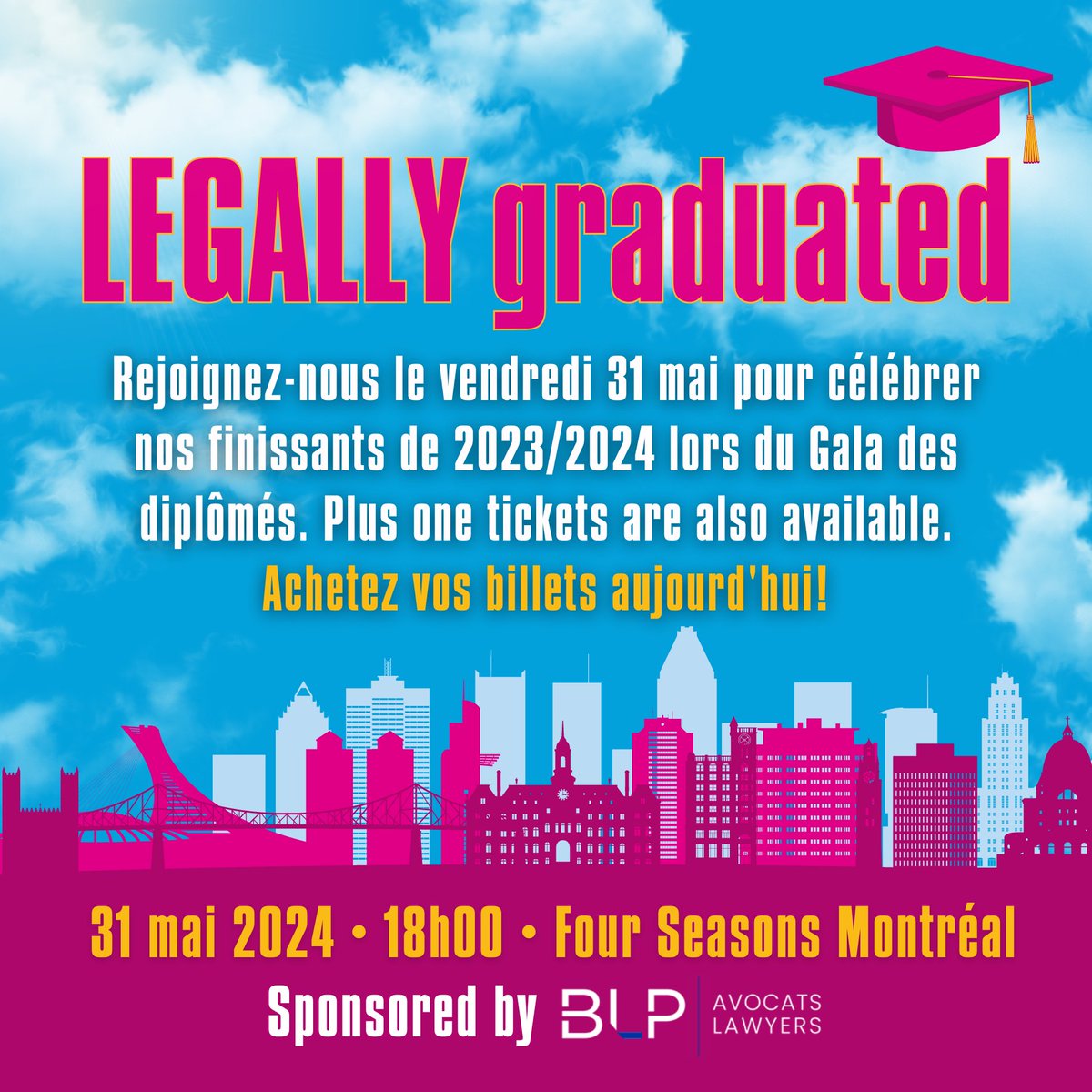 Join us on the evening of May 31 at the Four Seasons Montréal to celebrate our 2023/24 #McGillLaw graduates 🩷🎓⚖️ Les billets pour les diplômés coûtent 105 $ et sont disponibles ici : buytickets.at/mcgillfacultyo…