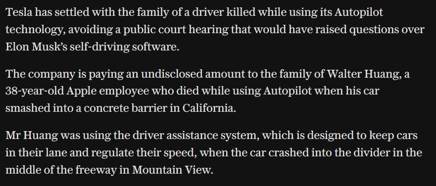 Tesla settles lawsuit over Apple engineer's fatal Autopilot crash 🤫telegraph.co.uk/business/2024/…