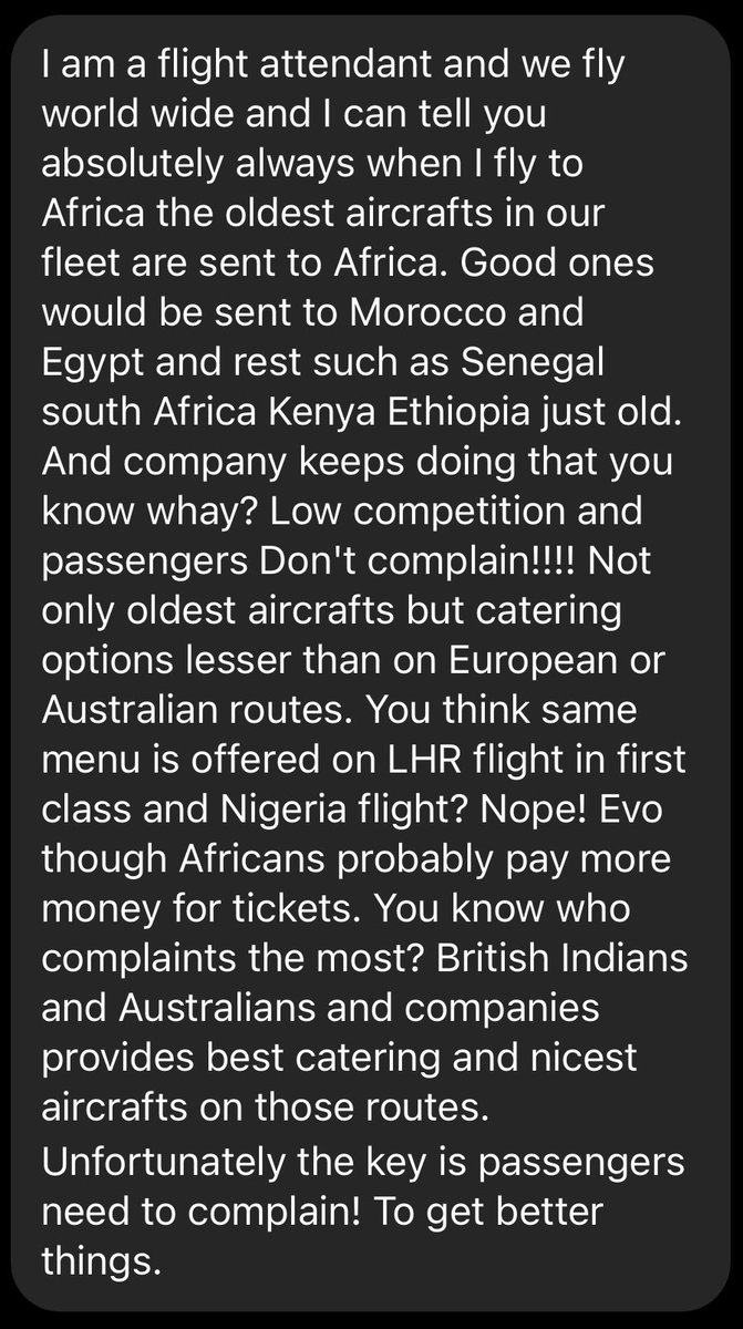 Craziest discovery of the day was that it’s actually more expensive to go to Africa than anywhere else, even Asian flights are cheaper. We need to wake up! And look at what a white flight attendant wrote me… we need to complain apparently we’re the only ones who don’t…😅💀