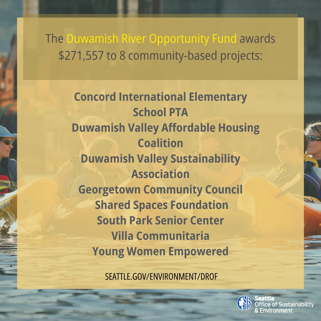 It’s here! We at @CityofSeattle OSE are happy to award $1,000,000 in #EnvironmentalJustice Fund grants and $271, 557 in #DuwamishRiver Opportunity Fund grants to 25 community-led orgs that benefit the health and quality of Seattleites. Meet our grantees: greenspace.seattle.gov/2024/04/city-o…