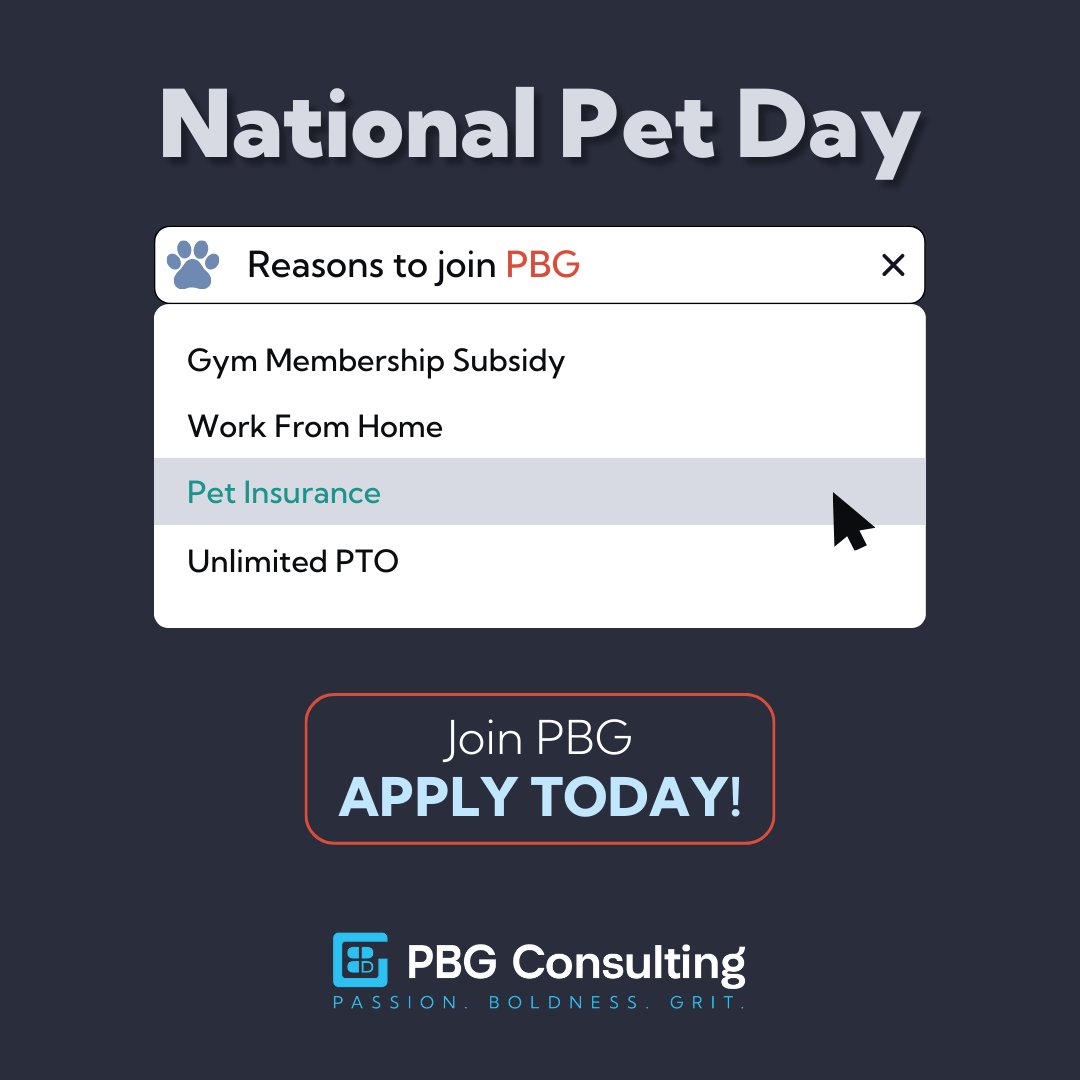 🐾
With PBG's Pet Insurance, we're all about keeping those tail wags and purrs going strong.🐶

Join PBG and score some pawsome perks, including coverage for your furry family members. 
pbgconsult.com/about/careers/

#govconjobs #hiring #insurancebenefits #employeeperks #pethealth