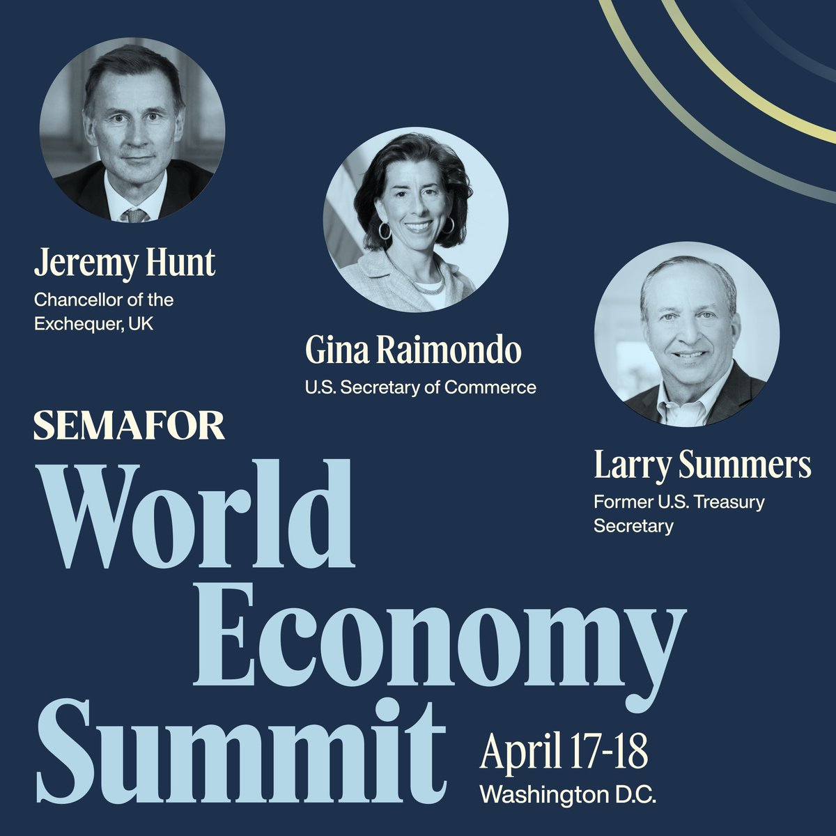 🟡 Just announced: @SecRaimondo, @Jeremy_Hunt, and @LHSummers are joining the lineup of 100+ global leaders sitting down with our reporters and editors for on-the-record interviews at the 2024 World Economy Summit, April 17-18 in Washington. Register now: events.semafor.com/wes2024/504911…