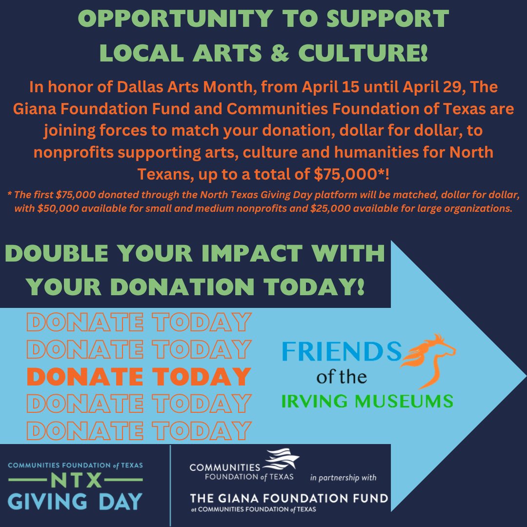 IAMuseumFriends's tweet photo. In honor of #DallasArtsMonth, from April 15 until April 29, The Giana Foundation Fund and Communities Foundation of Texas are joining forces to match your donation! We would like YOUR support! #NTxGD

DONATE: https://t.co/7viZXzsgQ9 https://t.co/kbIBzxgisp
