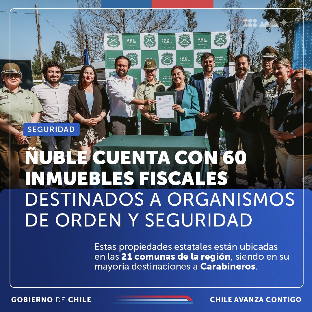 Hemos puesto a disposición diversos inmuebles fiscales a distintos organismos de orden y seguridad. En Ñuble hay 60 terrenos destinados a estas entidades, en donde 45 corresponden a <a href="/Carabdechile/">Carabineros de Chile</a>, 8 a <a href="/Gendarmeria_CL/">Gendarmería de Chile</a>, 4 al <a href="/Ejercito_Chile/">Ejército de Chile</a>, 1 a la <a href="/Armada_Chile/">Armada de Chile</a> y 2 a la <a href="/PDI_CHILE/">PDI Chile</a>