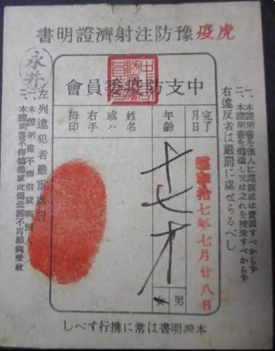 🔥中国人さんが教えてくれた残虐日本軍の証拠🔥 右端と左端にはそれぞれ 　 ①他人に譲渡、売買するな 　 ②偽造または授受するな 　　 違 反 者 は 厳 罰 に 処 す と書いてます。 右上の🟥文字は虎疫(こえき＝コレラ)なので、これは日本軍によるコレラ予防接種済証明書ですね。 (◍•ᴗ•◍)