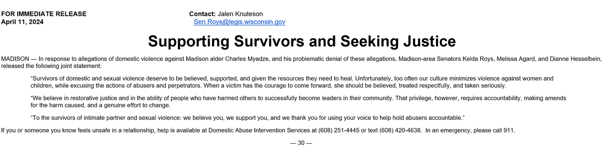 As a Madison alderman faces allegations of domestic abuse, three state senators release a statement: