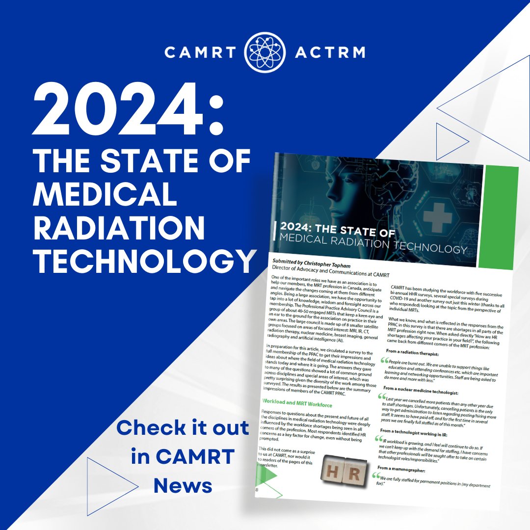 Read CAMRT’s Newsletter Article, 2024: THE STATE OF MEDICAL RADIATION TECHNOLOGY This article emphasizes the association’s role in helping its members anticipate and adapt to changes in the medical radiation technology field. Read now! camrt.ca/blog/2024/04/1…