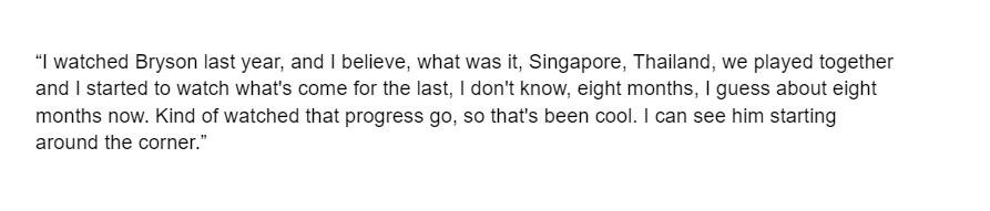 Bryson DeChambeau is tearing it up at Augusta right now. Solo first at 6-under. Last week in Miami, Brooks Koepka of all people went on a somewhat unprovoked tangent on seeing the growth in Bryson lately. Really interesting.