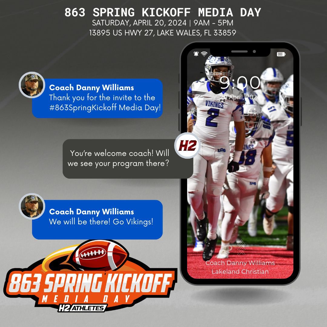 Hasani (H2) | Football Recruiting (@h2_recruiting) on Twitter photo 🔒🆙✅ CONFIRMED
Looking forward to seeing and hearing from <a href="/coachd_dub/">Danny Williams</a> and <a href="/LCSFootball/">Lakeland Christian Football</a> at the #863SpringKickoff Media Day presented by <a href="/H2Athletes/">H2 Athletes</a> Saturday, April 20, 2024 at Warner University in Lake Wales, FL.
<a href="/Trey_berryy2/">Trey Berry</a>
<a href="/DJhoward_6/">Devonte ( DJ) Howard Jr</a>
<a href="/parkerpeacock52/">Parker</a>
<a href="/JoshBellamyJr1/">Josh Bellamy Jr.</a> 🔒🆙✅ CONFIRMED
Looking forward to seeing and hearing from <a href="/coachd_dub/">Danny Williams</a> and <a href="/LCSFootball/">Lakeland Christian Football</a> at the #863SpringKickoff Media Day presented by <a href="/H2Athletes/">H2 Athletes</a> Saturday, April 20, 2024 at Warner University in Lake Wales, FL.
<a href="/Trey_berryy2/">Trey Berry</a>
<a href="/DJhoward_6/">Devonte ( DJ) Howard Jr</a>
<a href="/parkerpeacock52/">Parker</a>
<a href="/JoshBellamyJr1/">Josh Bellamy Jr.</a>