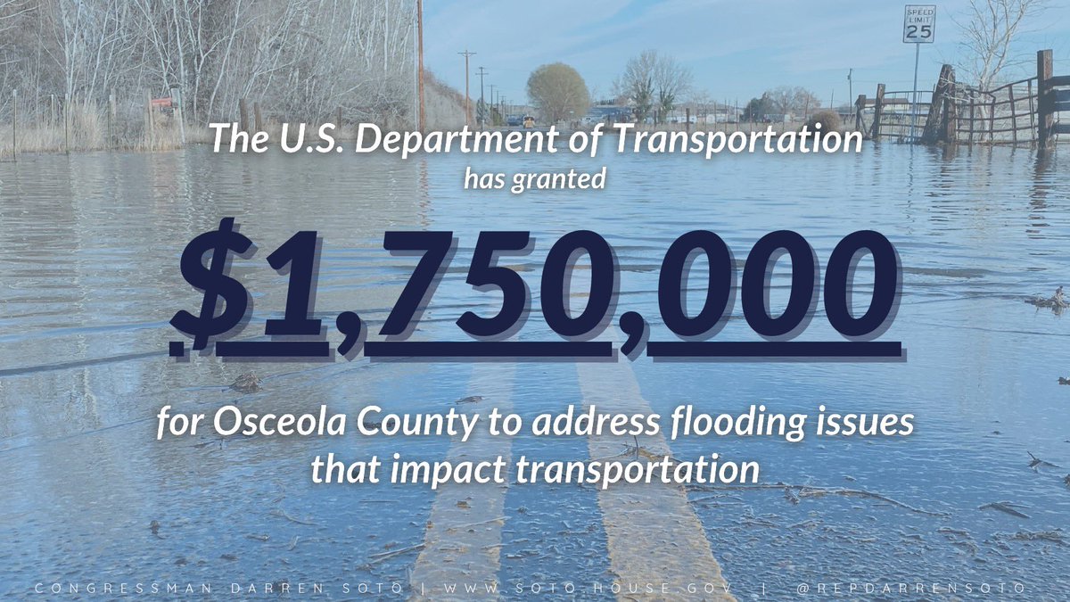 🚨GRANT ANNOUNCEMENT: Proud to deliver a $1.75M @USDOT PROTECT grant to @OsceolaCountyFl for transportation flood control studies in the Mills Slough area. We will continue to be proactive to make our communities more resilient from natural disasters like Hurricanes Irma & Ian.