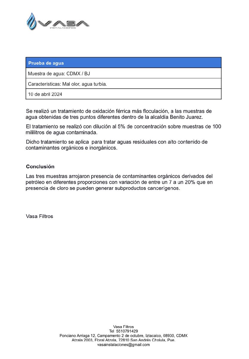 🛑#AlMomento: Hallan restos de derivados de petróleo en el agua contaminada de la Alcaldía Benito Juárez. La empresa “Vasa”, proveedora de los filtros de agua en varios de los edificios afectados, hizo un estudio y concluyó: “Las tres muestras arrojaron presencia de…