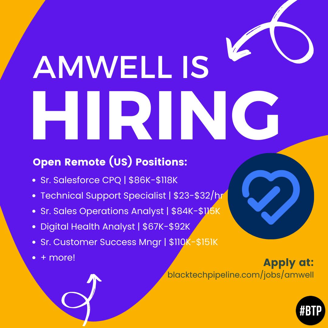 Amwell has open remote roles to US job seekers!⚕️

Join one of the world's leading telehealth companies in one of their open positions below. Learn more and apply here🔗
buff.ly/3MtyjvJ 

#BlackTechTwitter #TechIsHiring #techjobs #remotejobs