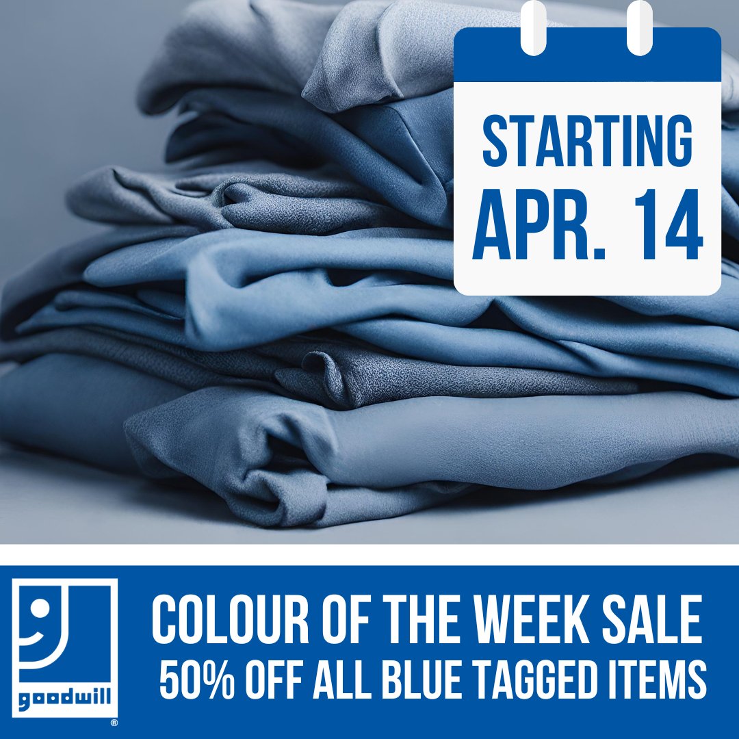 Our colour of the Week is BLUE! All blue tagged items are 50% off all week starting today!  

This sale now includes all tagged clothing items! Find a store near you and pick up something tagged blue today! 👀
#Goodwill #Thrift #ThriftStore #SecondhandFashion #SustainableGood