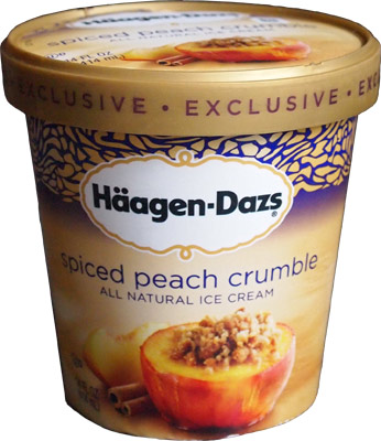 Haagen-Dazs Spiced Peach Crumble Ice Cream (2011-2013): Sweet cream ice cream, loaded with pieces of cooked peaches spiced with nutmeg and cinnamon, and nuggets of buttery crust. This flavor was a Wal-Mart exclusive. Image from @onsecondscoop