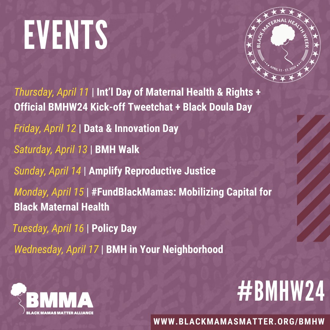 April 11-17, 2024 is Black Maternal Health Week! Check out @blkmamasmatter and their eventful week ahead focusing on advocacy, awareness and community! #BMHW24 blackmamasmatter.org/bmhw-2024/
