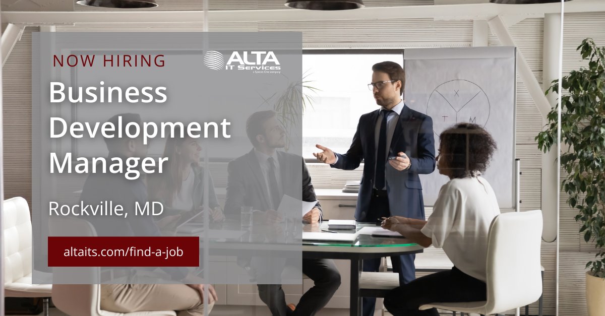 ALTA IT Services is #hiring a Business Development Manager in Rockville, MD. 
Learn more and apply today: ow.ly/scFN50Resl5
#ALTAIT #BusinessDevelopmentManager #RockvilleMD #BachelorDegree #ITstaffing #SalesJobs #ConsultativeSales #Bullhorn #ZoomInfo #ITconsulting