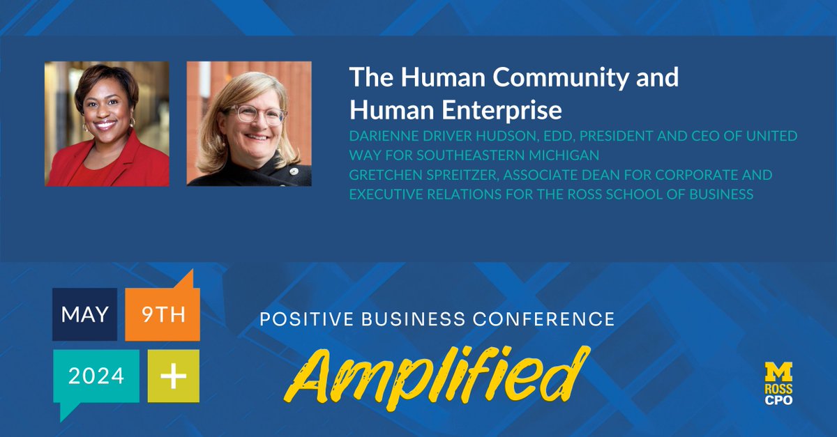 You won't want to miss the fireside chat 'The Human Community and Human Enterprise' between Darienne Driver Hudson and Gretchen Spreitzer. A generous sponsor has enabled anyone with a “.edu” email address to register for the online conference for $50. positivebusinessconference.com.